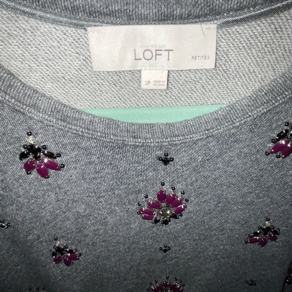 Ann Taylor loft small petite crew neck Sweater grey w/ purple amethyst gems - Picture 4 of 10